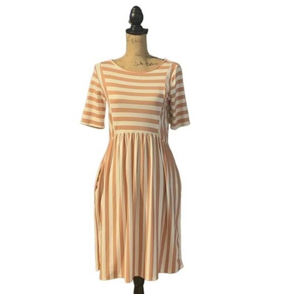 Lake Flower Dress Knee Length Striped Trad Wife Cottage Pockets Size Small - Picture 1 of 3